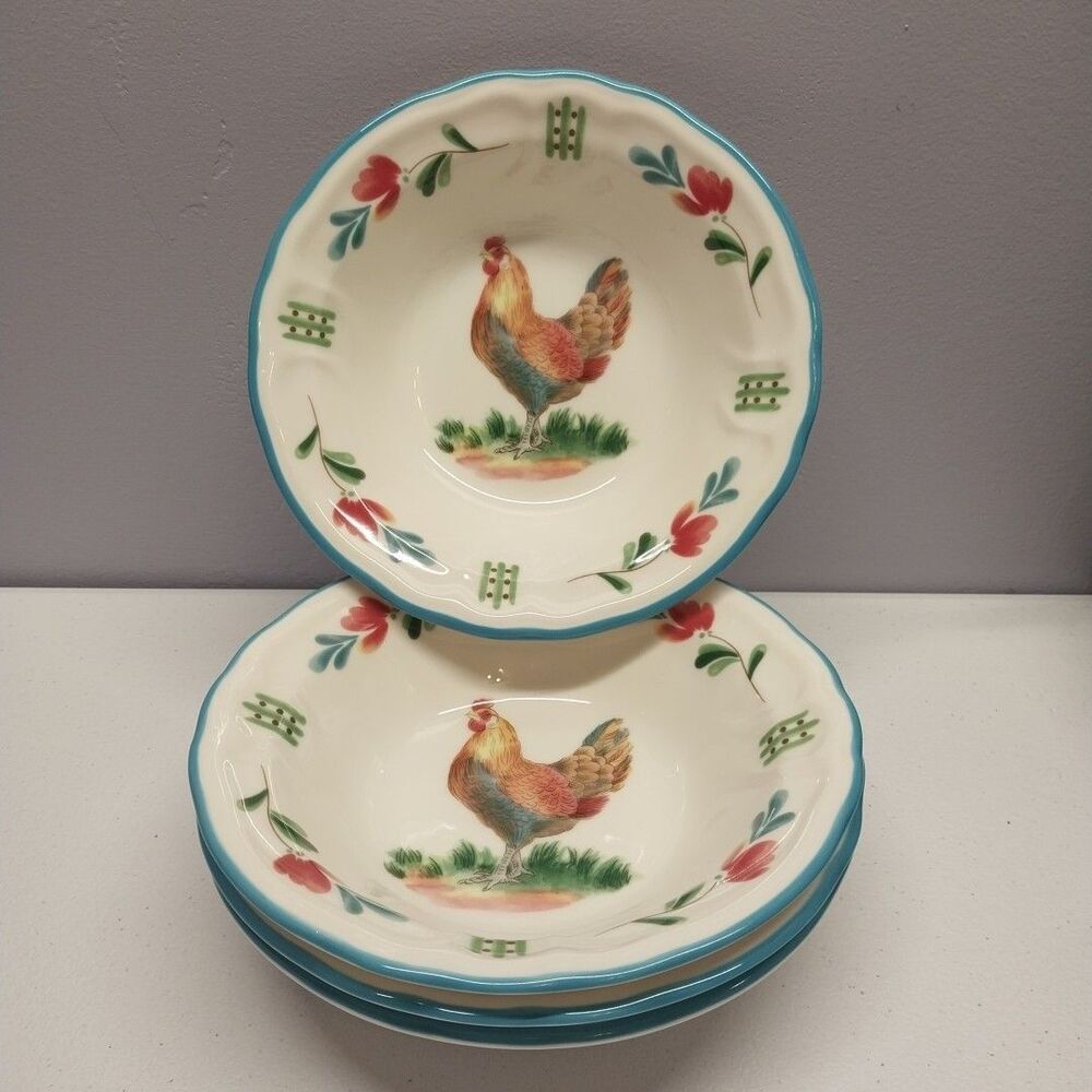 Epoch Collection Rooster Bowls Set of 4 Country Farmhouse Floral Ceramic 7"